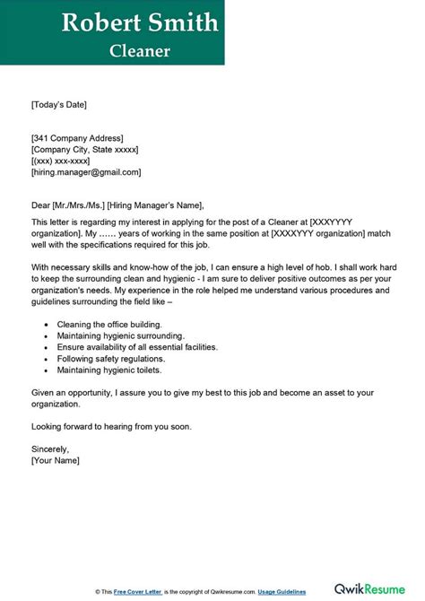 Sample Cover Letter Cleaning Job