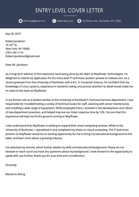 Sample Cover Letter Entry Level Job
