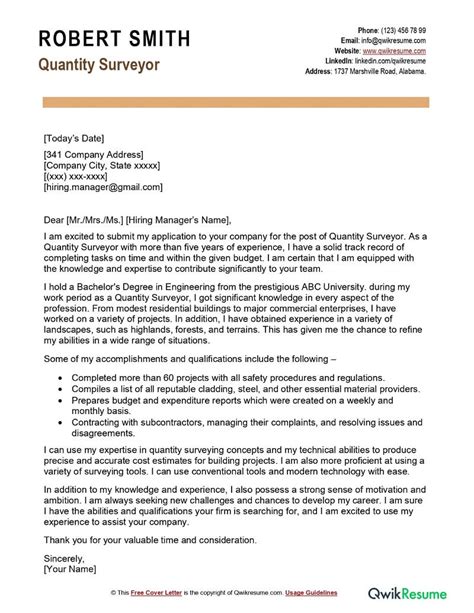 Sample Cover Letter For Job Application For Quantity Surveyor