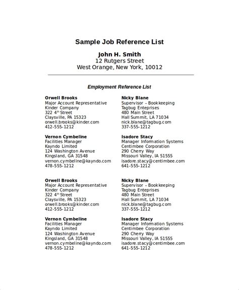 Sample Employment Reference List