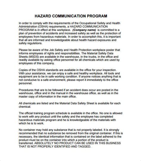 Sample Hazard Communication Program Template