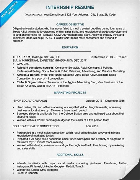 Sample Internship Resume For College Student