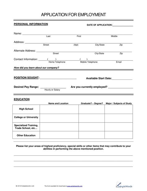 Sample Job Applications Printable