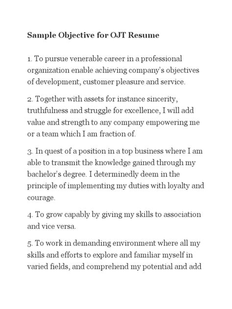 Sample Objective Resume For Ojt