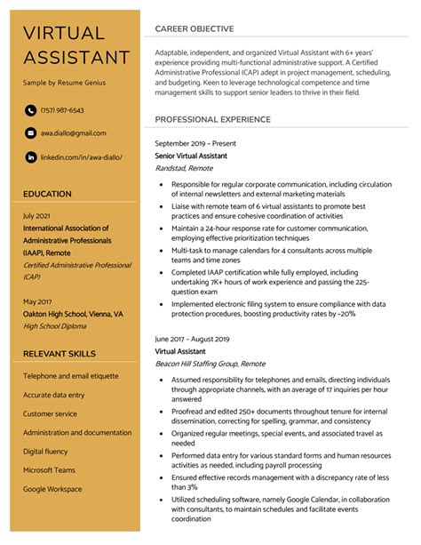 Sample Objectives In Resume For Virtual Assistant