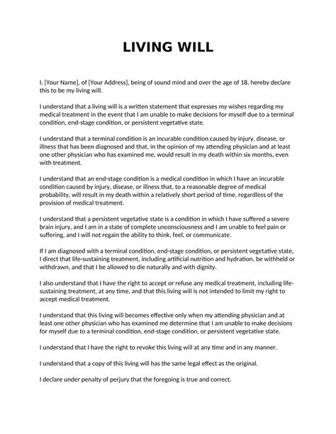 Sample Of Living Will Template