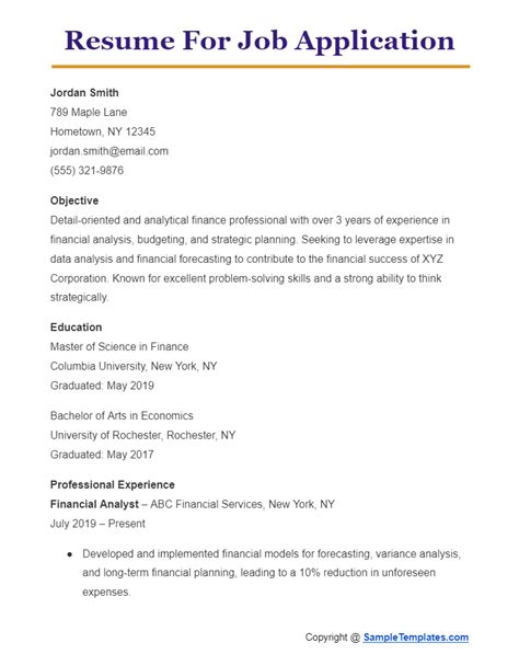 Sample Of Resume For Job Application
