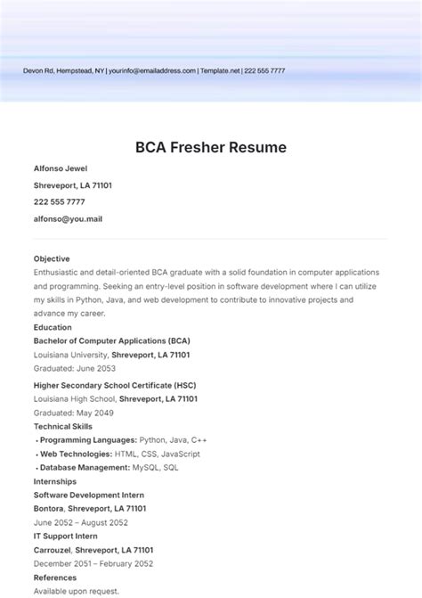 Sample Resume For Freshers Bca