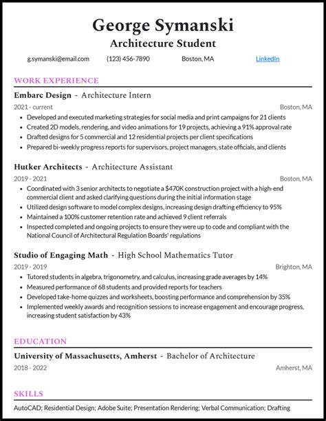 Sample Resume For Architecture Student