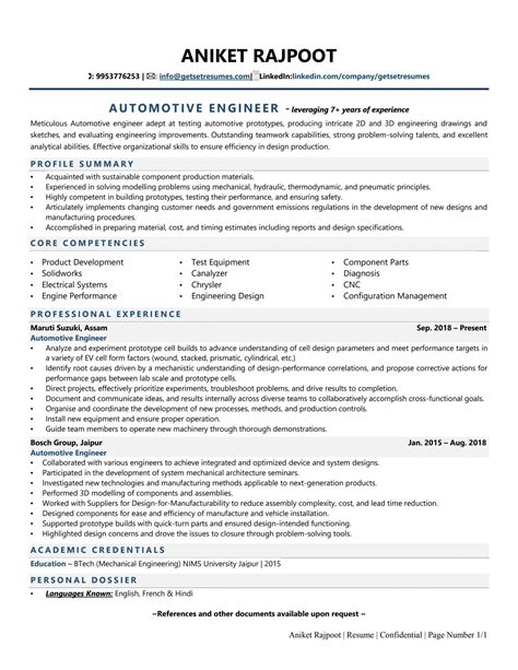 Sample Resume For Automobile Engineer Job