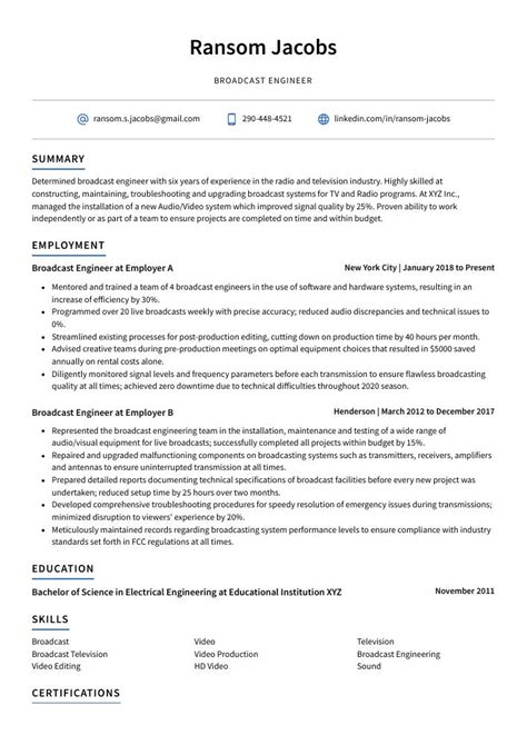 Sample Resume For Broadcast Engineer Cover