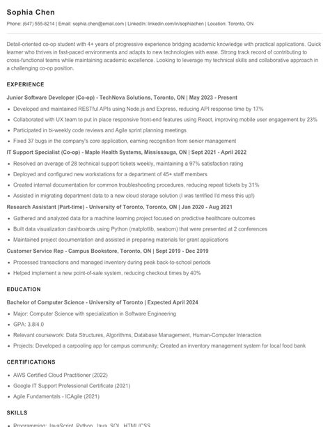 Sample Resume For Co Op Student