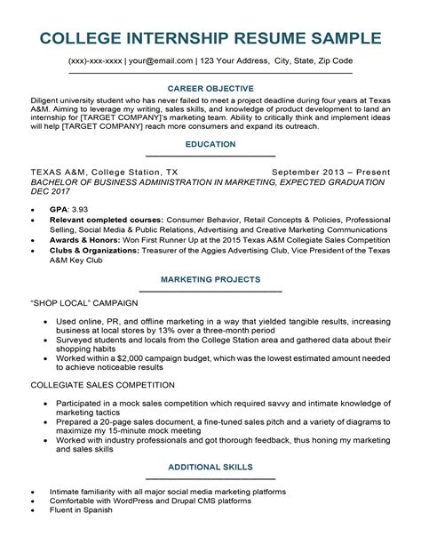 Sample Resume For College Student Internship