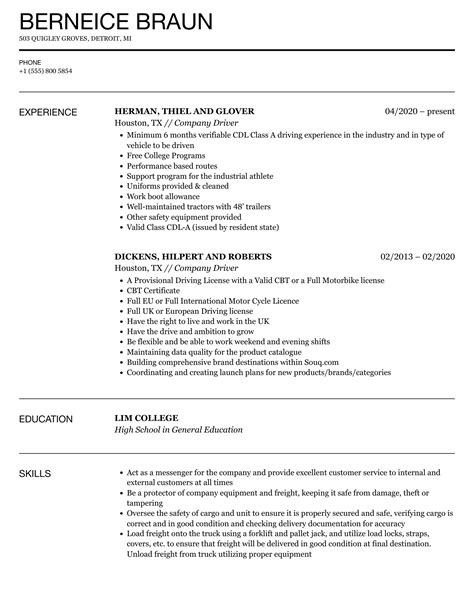 Sample Resume For Company Driver Position