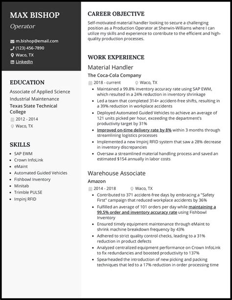 Sample Resume For Company Operator