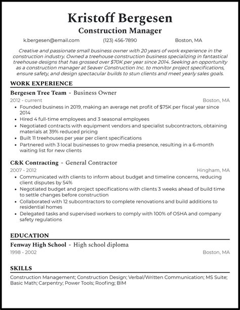 Sample Resume For Construction Company Owner