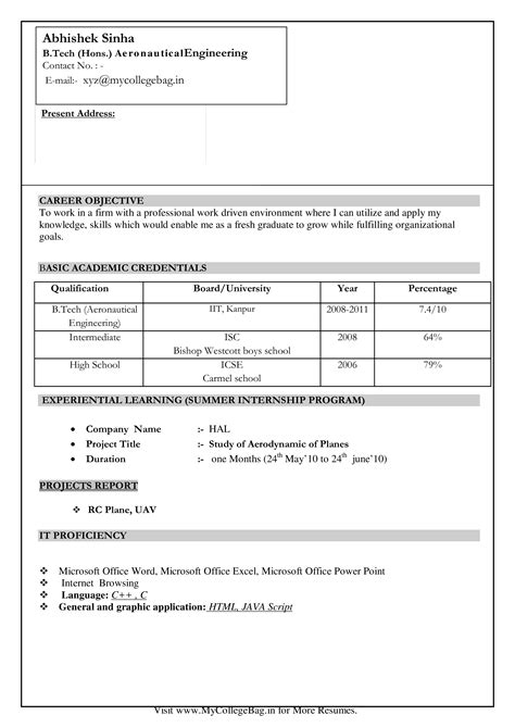 Sample Resume For Engineering Freshers Job
