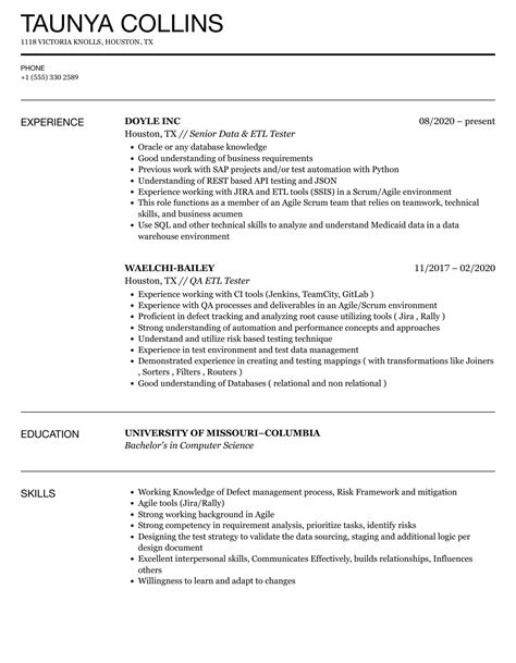 Sample Resume For Etl Tester