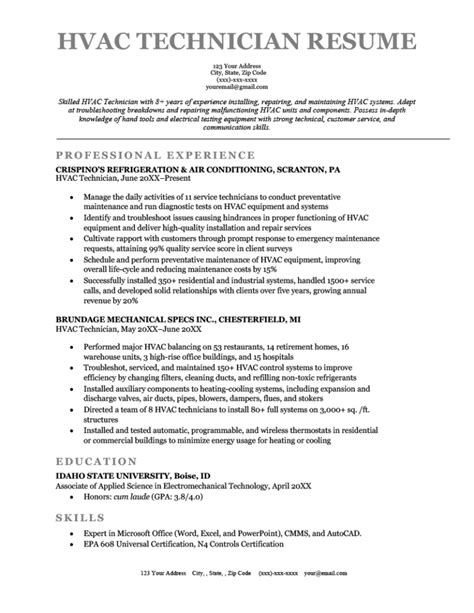 Sample Resume For Experienced Hvac Mechanical Parts