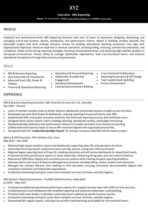 Sample Resume For Experienced Mis Executive