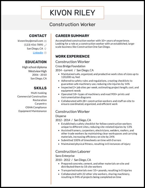 Sample Resume For General Construction Worker