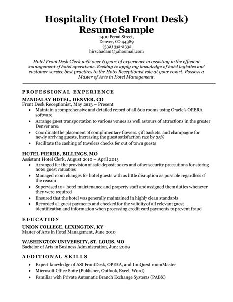 Sample Resume For Hotel Front Desk
