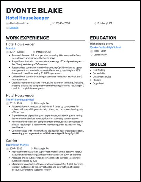 Sample Resume For Hotel Housekeeping Job Chart
