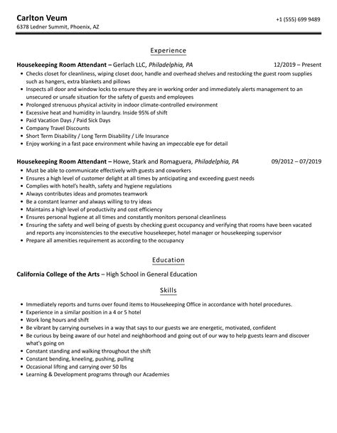 Sample Resume For Housekeeping Room Attendant