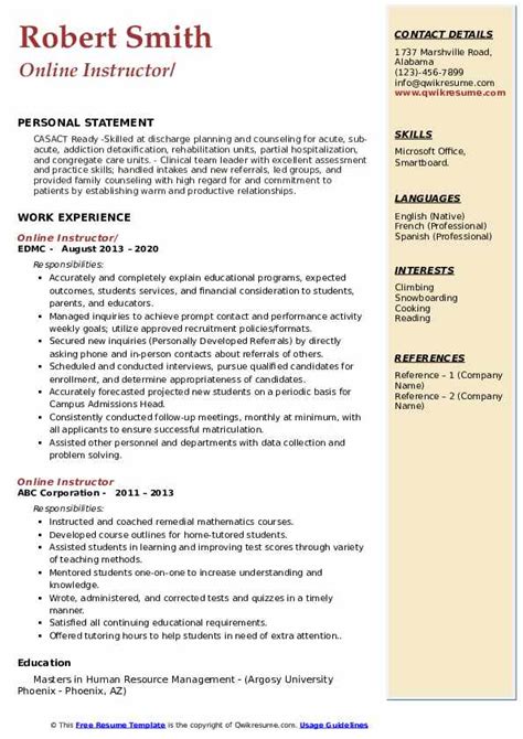 Sample Resume For Online Instructor