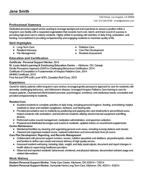 Sample Resume For Personal Support Worker