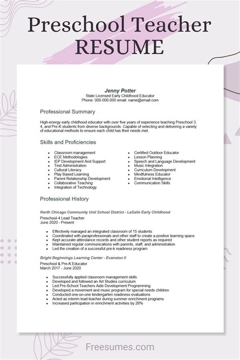 Sample Resume For Preschool Director
