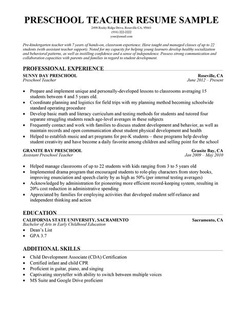 Sample Resume For Preschool Teacher