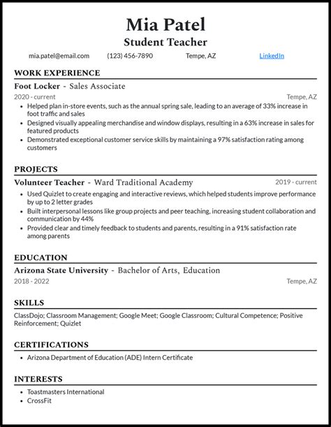 Sample Resume For Student Teacher