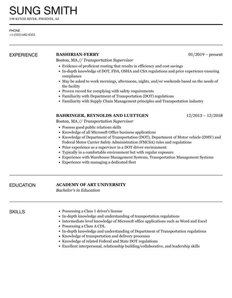 Sample Resume For Transportation Supervisor