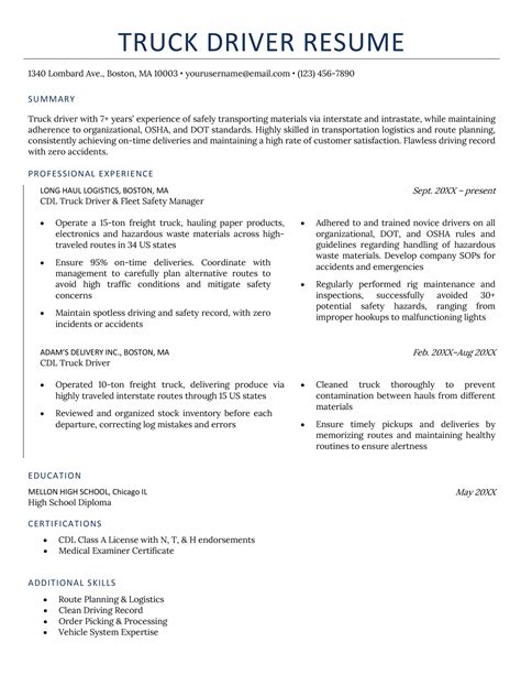 Sample Resume For Truck Driver Position