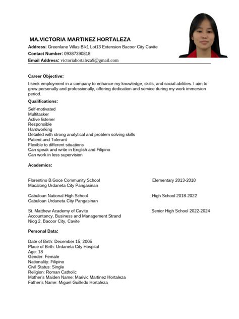 Sample Resume For Work Immersion Curriculum