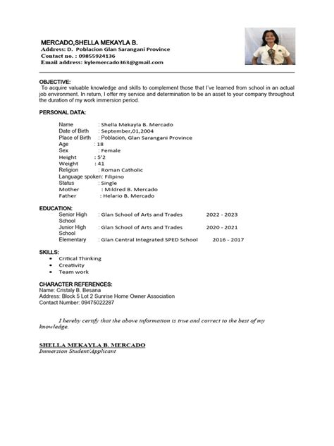 Sample Resume For Work Immersion Portfolio