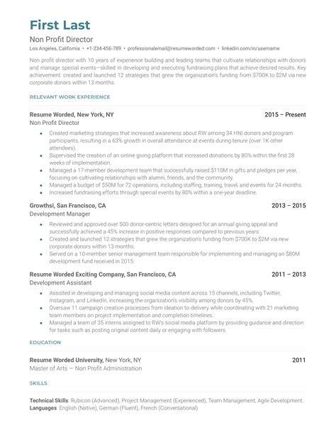 Sample    Resume Non Profit Director