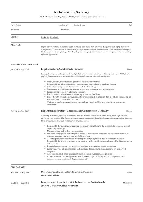 Sample Resume Of Secretary