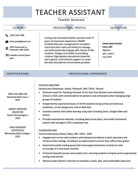 Sample Resume Teacher Assistant