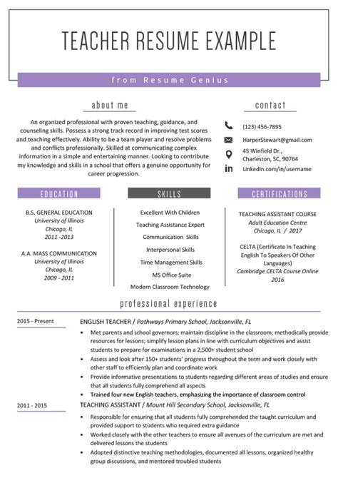 Sample Resume Template For Teacher