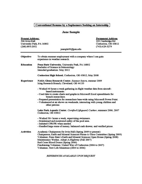 Sample Resume by a FirstYear Student Free Download