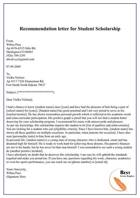 Sample Scholarship Letter of Recommendation Template for Students