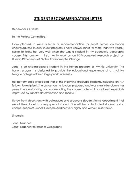 Sample Student Recommendation Letter
