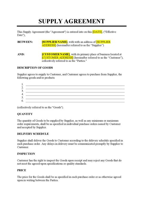 Sample Supply Agreement Template