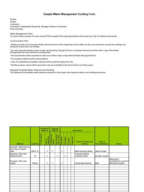 Sample Waste Management Tracking Form