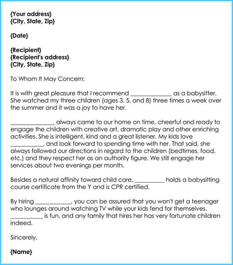 Sample letter of recommendation for a babysitter