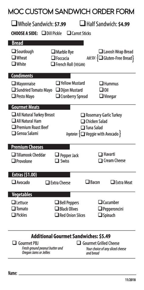 Sandwich Order Form Template Free