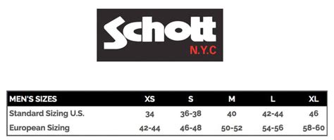 Schott Size Chart