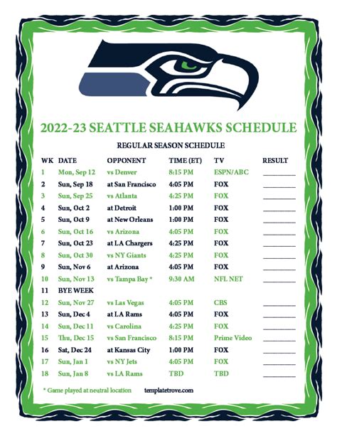Seahawks Printable Schedule 2022-23